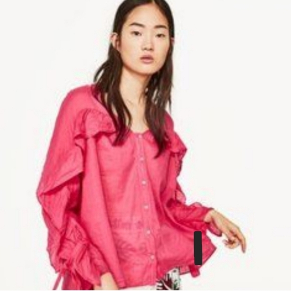 Zara Fuchsia Oversized Semi-Sheer Ruffled Blouse size XS - Picture 1 of 9
